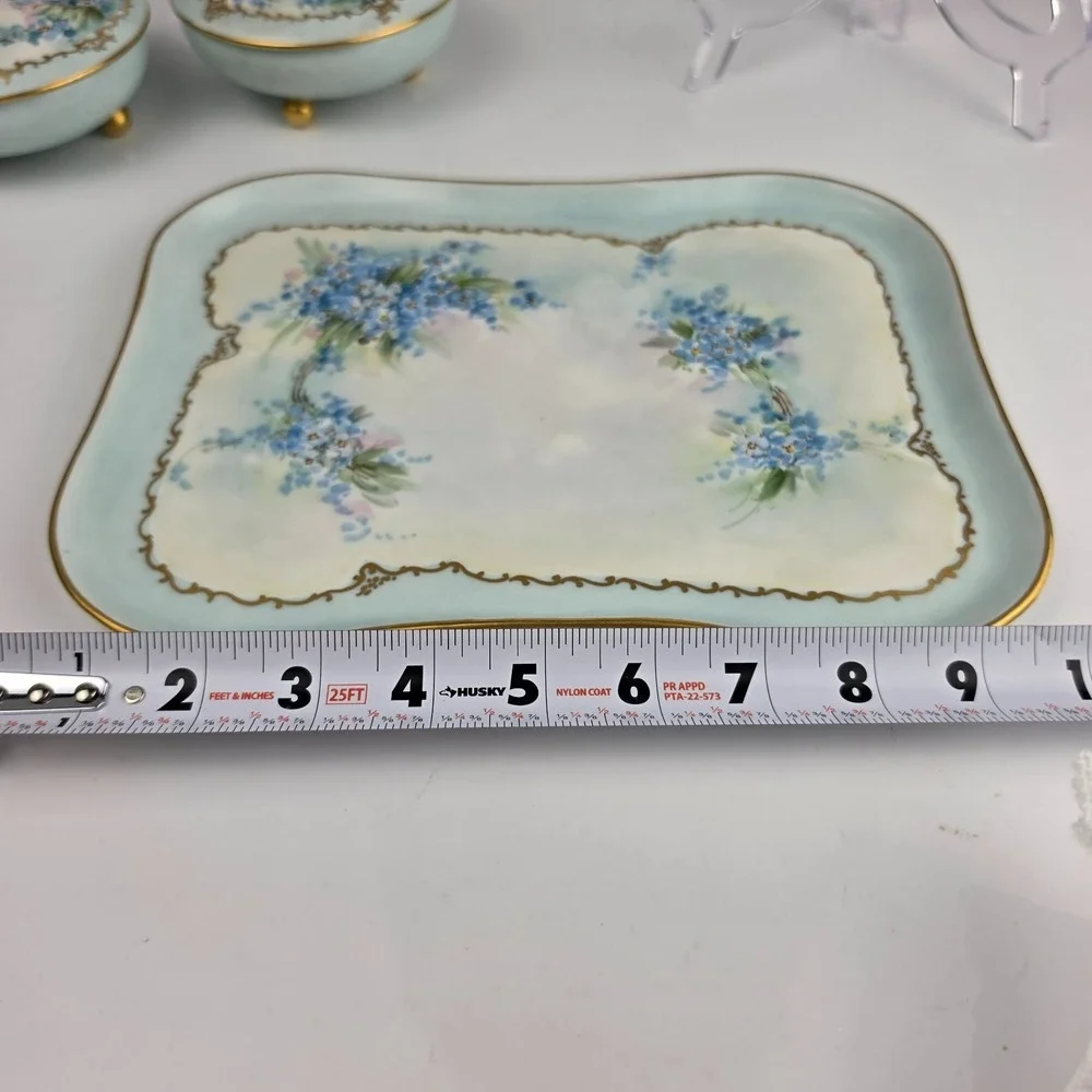 Antique Limoges B&Co France Vanity Set Tray Hair Receiver Forget Me Not Gold